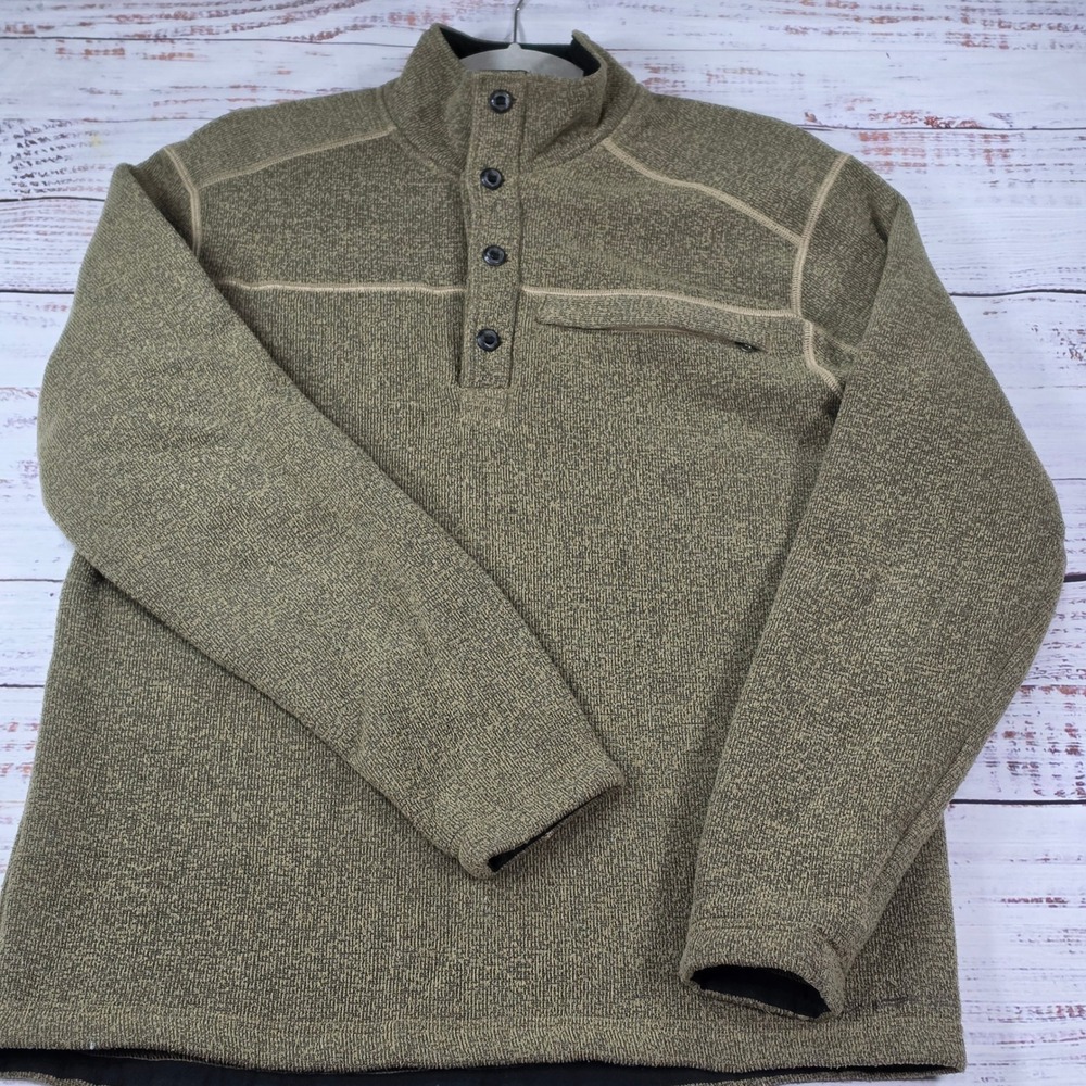 ExOfficio Pullover Sweater Mens Medium Olive Green Excellent Button Mock Neck